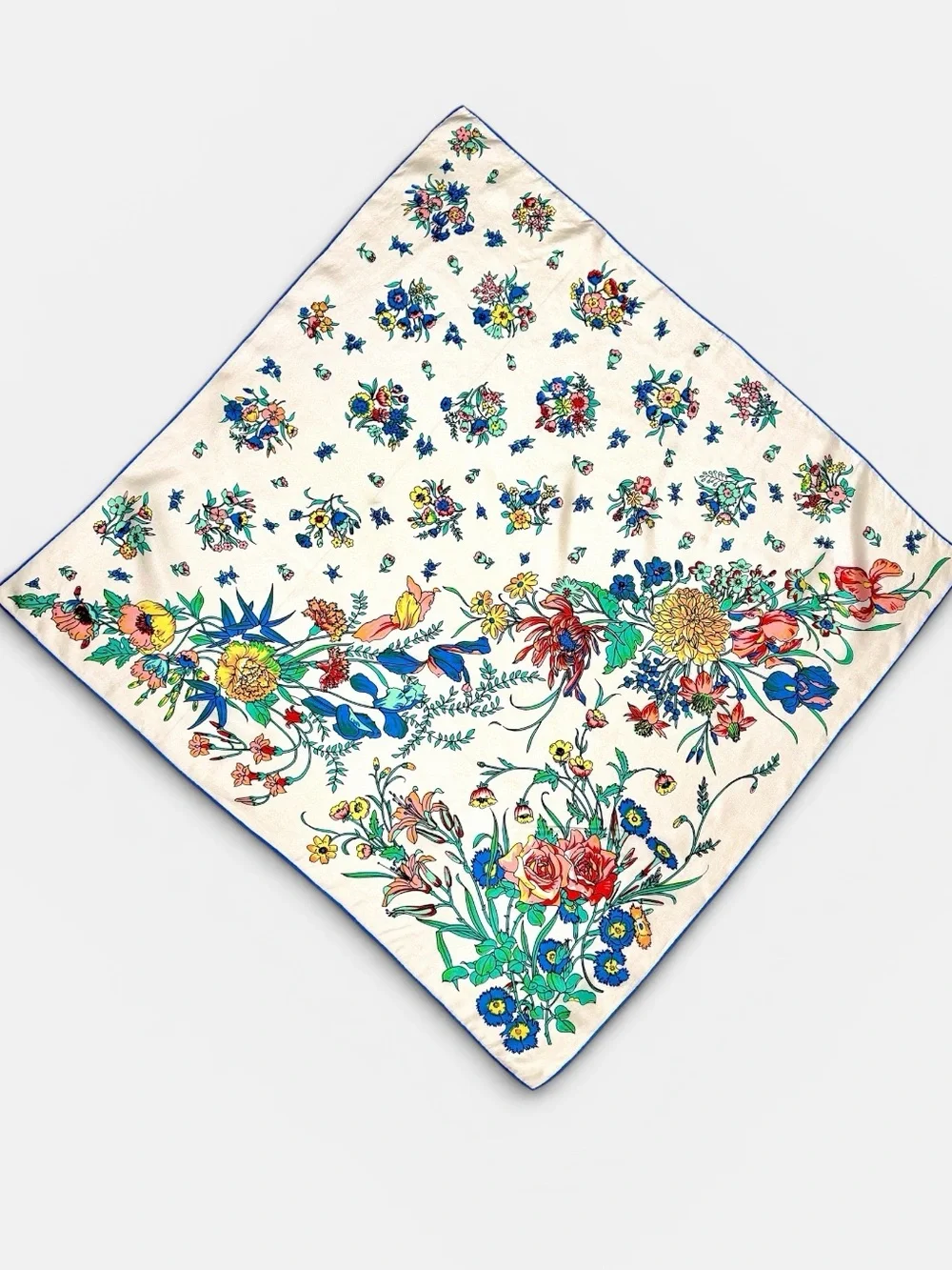 Vintage Square Silk Scarf Ivory with Floral Print Hand Rolled 28x28